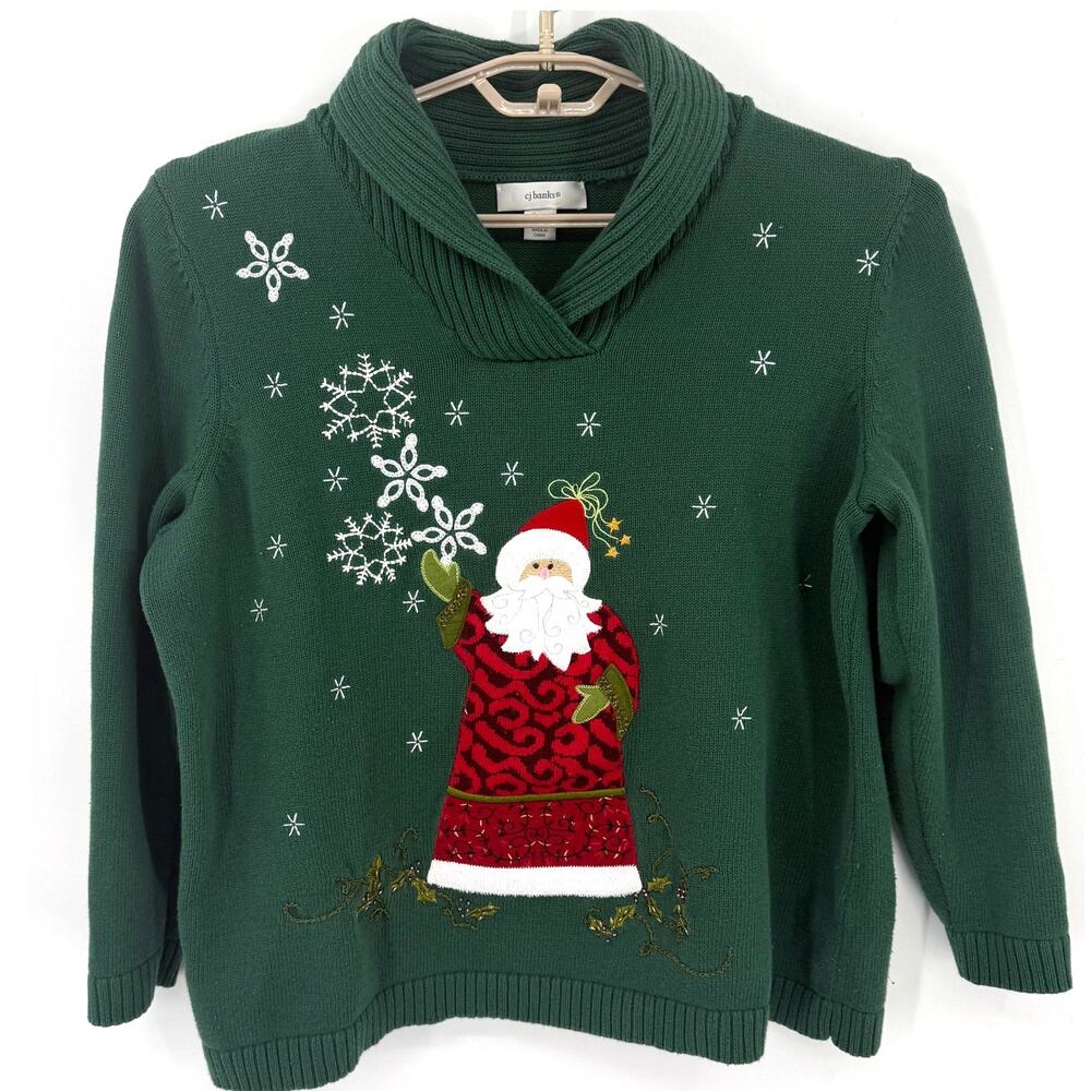 CJ Banks Womens Vintage Santa Sweater Cotton Collar Beads Green Size 1X